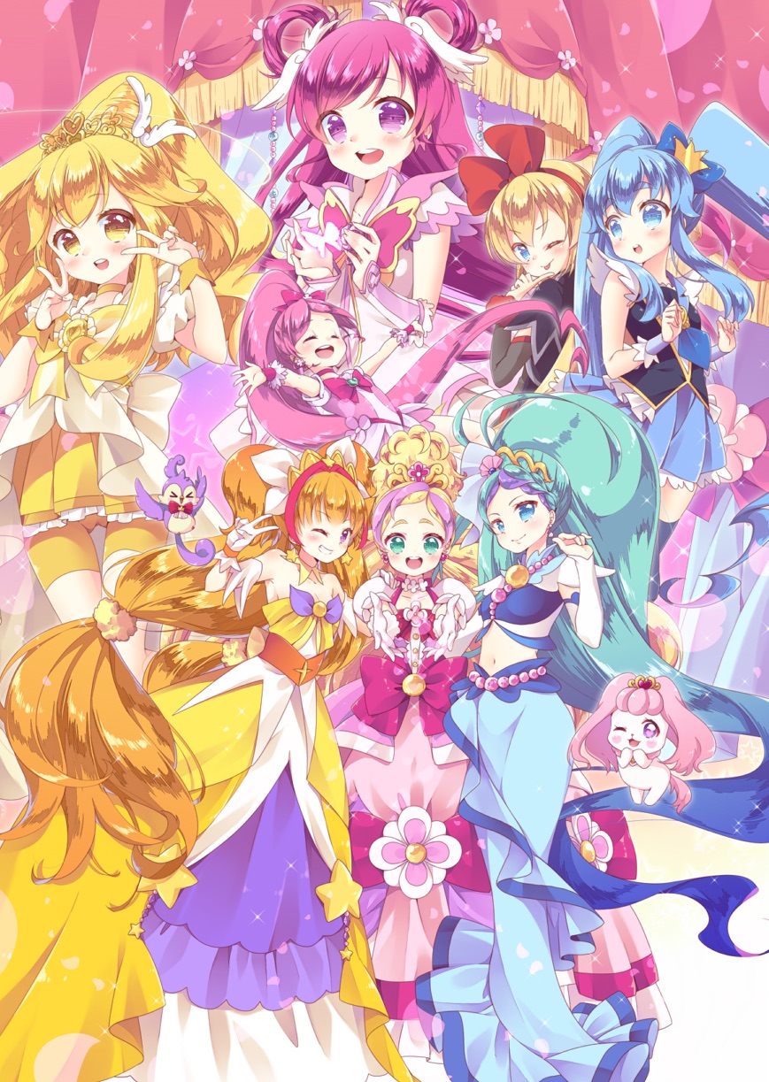 6+girls :d ;p amanogawa_kirara aroma_(go!_princess_precure) bare_shoulders bike_shorts bird blonde_hair blue_bow blue_dress blue_eyes blue_hair blue_skirt bow brooch brown_hair choker crown cure_dream cure_flora cure_mermaid cure_peace cure_princess cure_twinkle dog dokidoki!_precure double_v dress earrings finger_to_mouth flower frills gloves go!_princess_precure green_eyes grin hair_bow hair_rings hairband happinesscharge_precure! haruno_haruka highres jewelry kaidou_minami kise_yayoi kuune_rin long_hair low-tied_long_hair magical_girl midriff mini_crown mode_elegant_(go!_princess_precure) multicolored_hair multiple_girls navel necktie one_eye_closed open_mouth outstretched_hand payot pink_bow pink_dress pink_eyes pink_hair precure princess_form_(smile_precure!) puff_(go!_princess_precure) purple_hair quad_tails red_bow redhead regina_(dokidoki!_precure) shining_dream shirayuki_hime shorts_under_skirt skirt smile smile_precure! star star_earrings strapless_dress streaked_hair thigh_gap tiara tongue tongue_out twintails two-tone_hair v violet_eyes white_gloves wrist_cuffs yellow_bow yellow_dress yellow_eyes yellow_skirt yes!_precure_5 yes!_precure_5_gogo! yumehara_nozomi