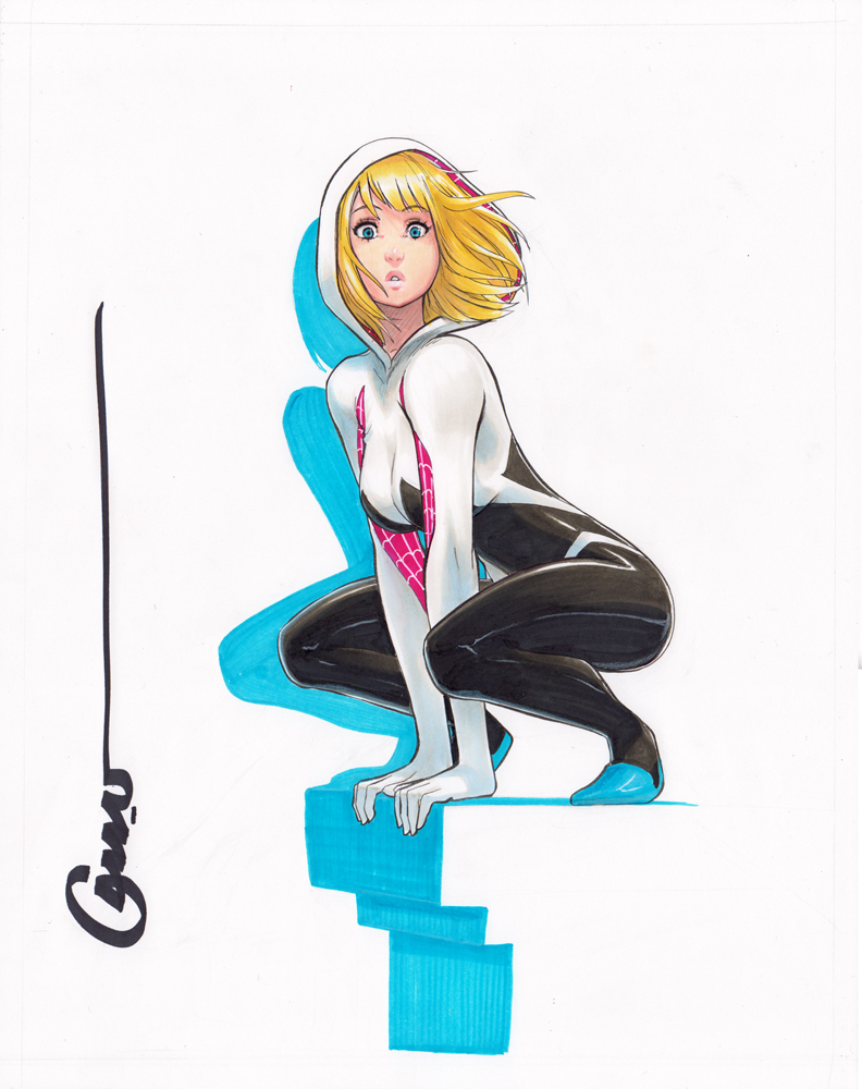 1girl blonde_hair gwen_stacy marvel omar_dogan signature solo spider-woman traditional_media