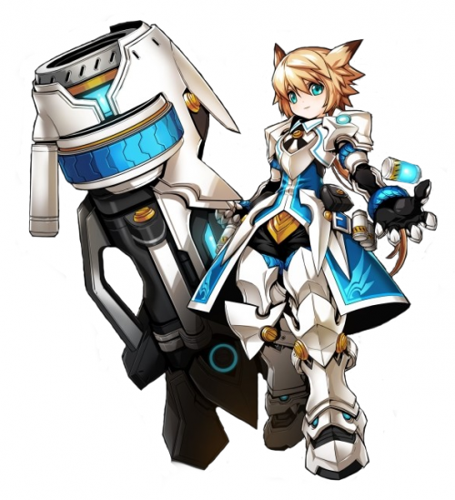 1boy armor blackjd83 blonde_hair boots cannon chung_(elsword) elsword gauntlets gloves greaves green_eyes huge_weapon long_hair male_focus official_art smile spiky_hair standing surcoat weapon white_background