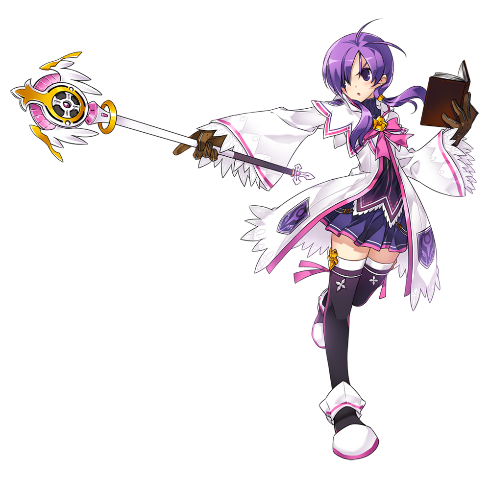 1girl aisha_(elsword) black_legwear blackjd83 book bow brooch brown_gloves coat elsword gloves jewelry official_art pink_bow pink_ribbon purple_hair purple_skirt ribbon shoes short_hair skirt solo standing_on_one_leg thigh-highs twintails violet_eyes wand white_background