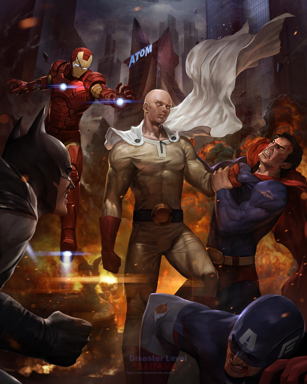 5boys armor bald batman building cape captain_america city clenched_hand clothes_grab clouds cloudy_sky crossover dc_comics debris embers fire floating gloves helmet highres iron_man lens_flare male male_focus marvel mask motion_blur multiple_boys muscle no_pupils onepunch_man red_gloves saitama_(onepunch_man) sky skyscraper superhero superman torn_clothes watermark web_address woo_chul_lee