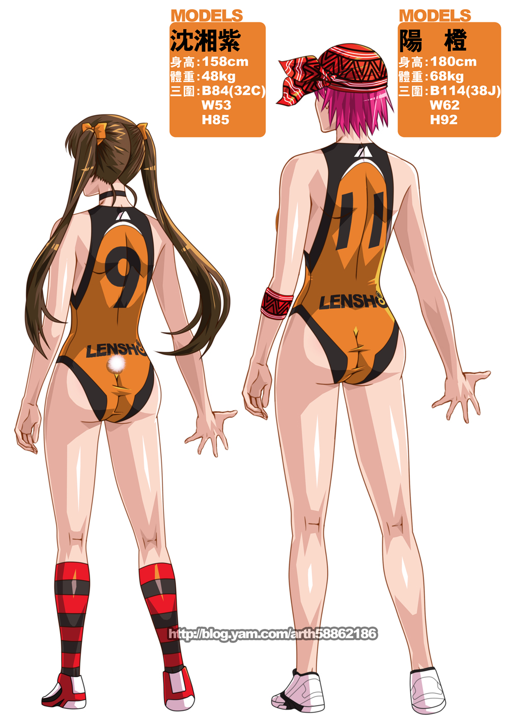 2girls alternate_color ass bandana bow brown_hair bunny_tail character_request character_sheet choker dimples_of_venus from_behind full_body ge_xi hair_bow height_difference highres kneehighs kneepits leotard long_hair measurements multiple_girls nude original pink_hair shoes short_hair sneakers striped striped_legwear tail translation_request trefoil twintails watermark web_address