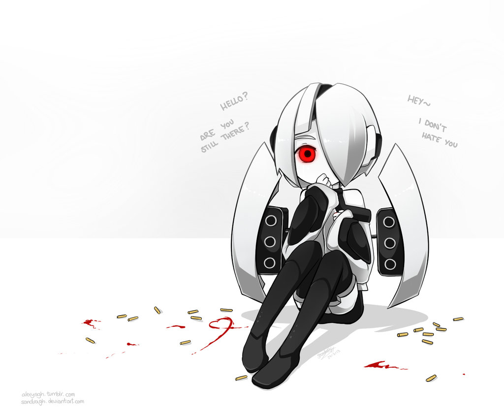1girl artist_name blood cartridge covering_mouth english glowing glowing_eye hand_over_own_mouth heart mecha pale_skin portal portal_2 red_eyes robot_girl sandragh shadow simple_background turret_(portal) white_background white_hair