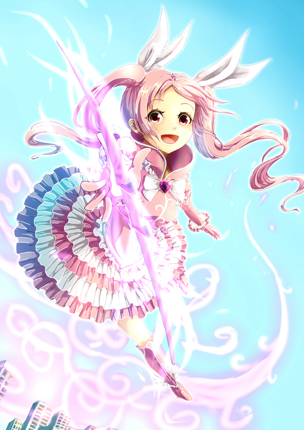 1girl :d borrowed_character bowtie character_request dress flying frilled_dress frills genderswap hair_ribbon high_collar highres long_hair looking_at_viewer magical_girl open_mouth pink_dress pink_eyes pink_hair ribbon smile staff tagme twintails uzuki_yuuka
