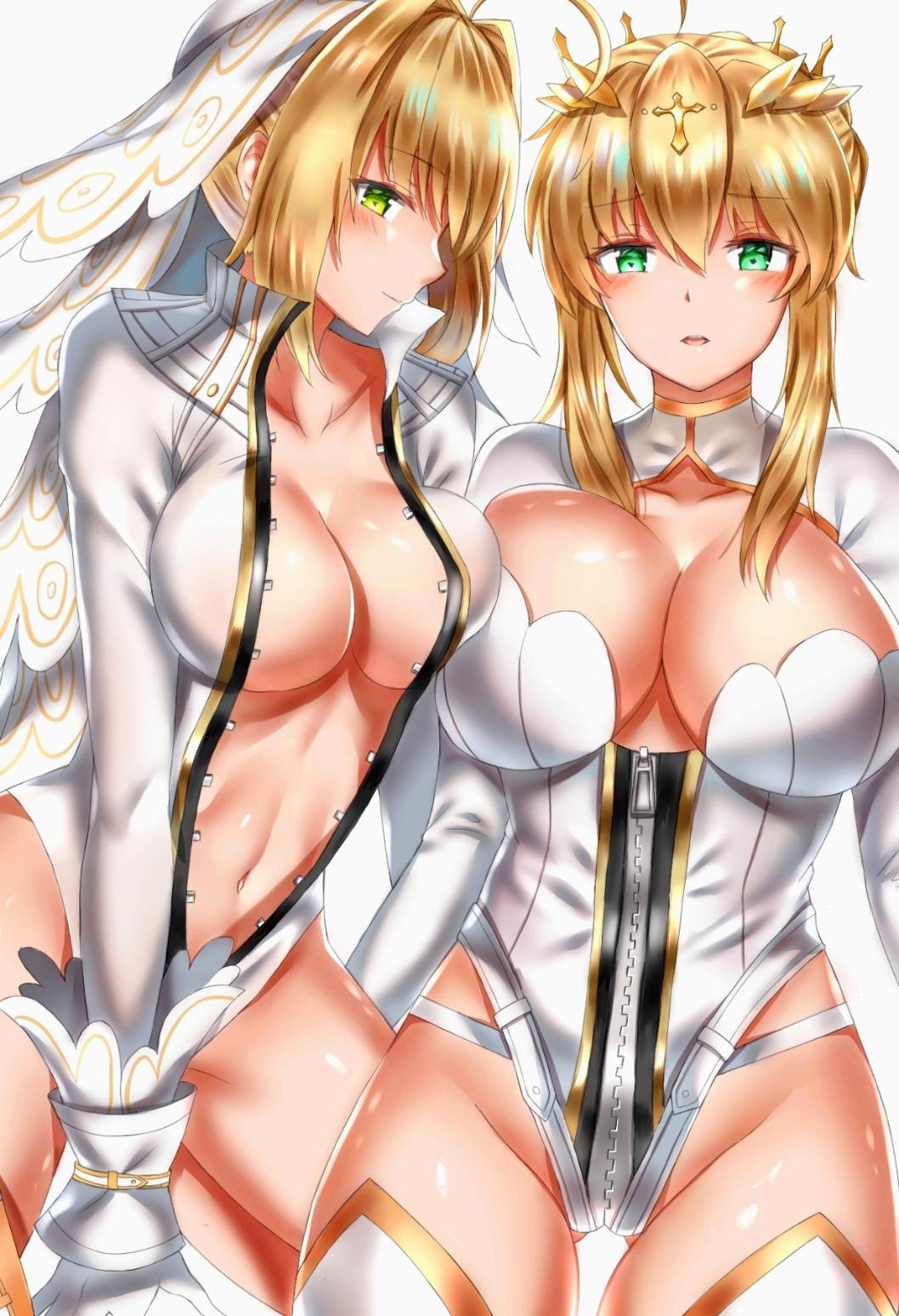 2girls ahoge alternate_costume artoria_pendragon_(all) artoria_pendragon_(lancer) asymmetrical_docking bangs blonde_hair blush braid breast_press breasts bridal_veil center_opening cleavage cleavage_cutout collarbone commentary cosplay crown eyebrows_visible_through_hair farys_(afopahqfw) fate/extra fate/extra_ccc fate/grand_order fate_(series) french_braid full-length_zipper green_eyes hair_between_eyes hair_bun hair_intakes highleg highleg_leotard highres hips large_breasts leotard long_hair looking_at_viewer multiple_girls navel nero_claudius_(bride)_(fate) nero_claudius_(bride)_(fate)_(cosplay) nero_claudius_(fate)_(all) open_mouth parted_lips sidelocks simple_background smile thigh-highs thighs veil waist white_background white_legwear white_leotard wrist_cuffs zipper zipper_pull_tab