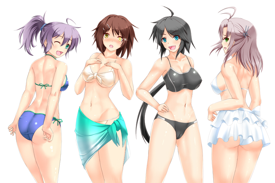 4girls ahoge aoba_(kantai_collection) aqua_eyes arm_behind_back arms_behind_back ass back bangs bare_shoulders bikini black_bikini black_hair breasts brown_hair collarbone covered_nipples frilled_bikini frills furutaka_(kantai_collection) glowing glowing_eye green_eyes hair_ornament hairclip hand_on_hip hands_on_own_chest heterochromia kako_(kantai_collection) kantai_collection kinugasa_(kantai_collection) large_breasts long_hair looking_at_viewer messy_hair multiple_girls navel one_eye_closed open_mouth parted_bangs pink_hair ponytail purple_hair remodel_(kantai_collection) rokushiru_(muzai-p) scrunchie short_hair simple_background smile swimsuit tsurime white_background yellow_eyes