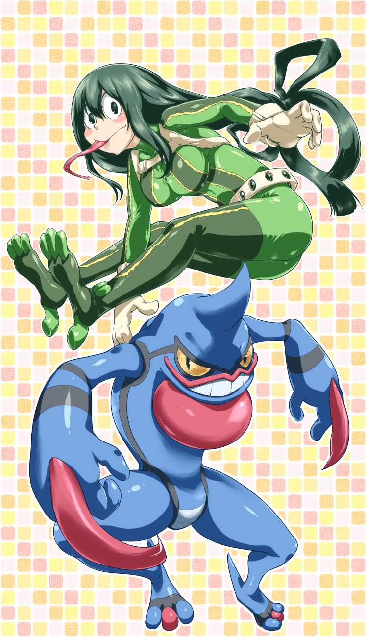 1girl :&gt; asui_tsuyu blush bodysuit boku_no_hero_academia eyelashes gloves green_eyes green_hair hair_rings highres long_hair long_tongue low-tied_long_hair outline pokemon pokemon_(creature) sagattoru solo tongue tongue_out toxicroak webbed_feet