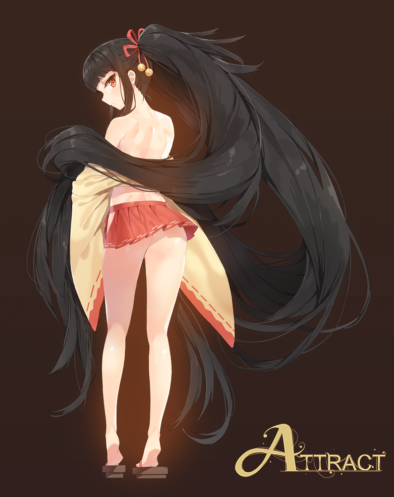 1girl absurdly_long_hair ass black_hair brown_background from_behind long_hair looking_back mawile miniskirt no_panties off_shoulder personification pleated_skirt pokemon ponytail red_eyes ribbon-trimmed_skirt ribbon-trimmed_sleeves ribbon_trim sandals simple_background skirt solo tiptoes very_long_hair wide_sleeves yonggi