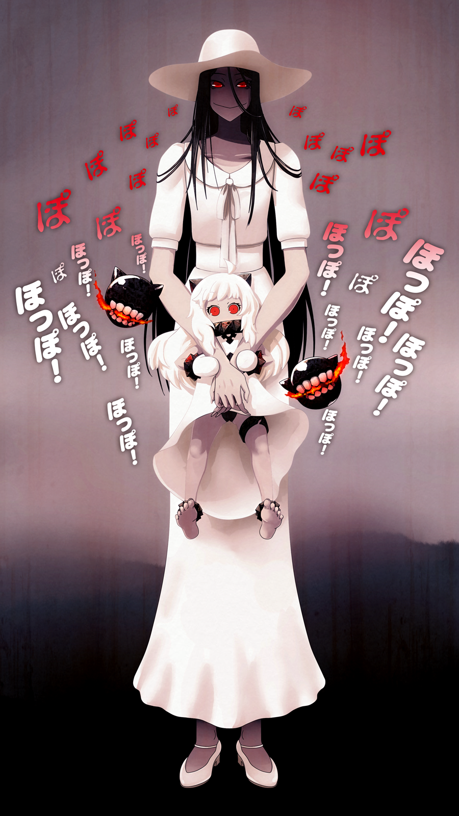 ahoge bare_legs barefoot black_hair black_panties carrying collarbone covered_mouth dress hasshaku-sama hat highres horns j-unit_(lilykiss) kantai_collection long_hair looking_at_viewer mittens northern_ocean_hime panties red_eyes shade shinkaisei-kan smile translation_request underwear white_dress white_hair white_skin