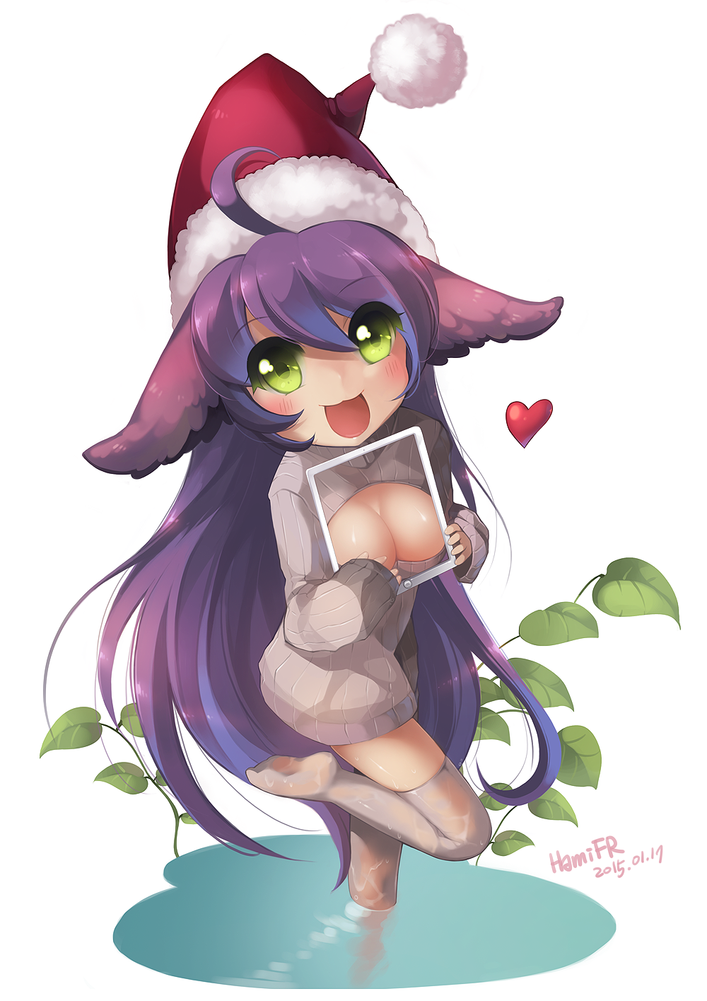 1girl :3 ahoge animal_ears breasts cleavage cleavage_cutout green_eyes hamifr hat heart highres ipad league_of_legends long_hair looking_at_viewer lulu_(league_of_legends) open_mouth purple_hair santa_hat sleeves_past_wrists solo tablet_pc thigh-highs yordle