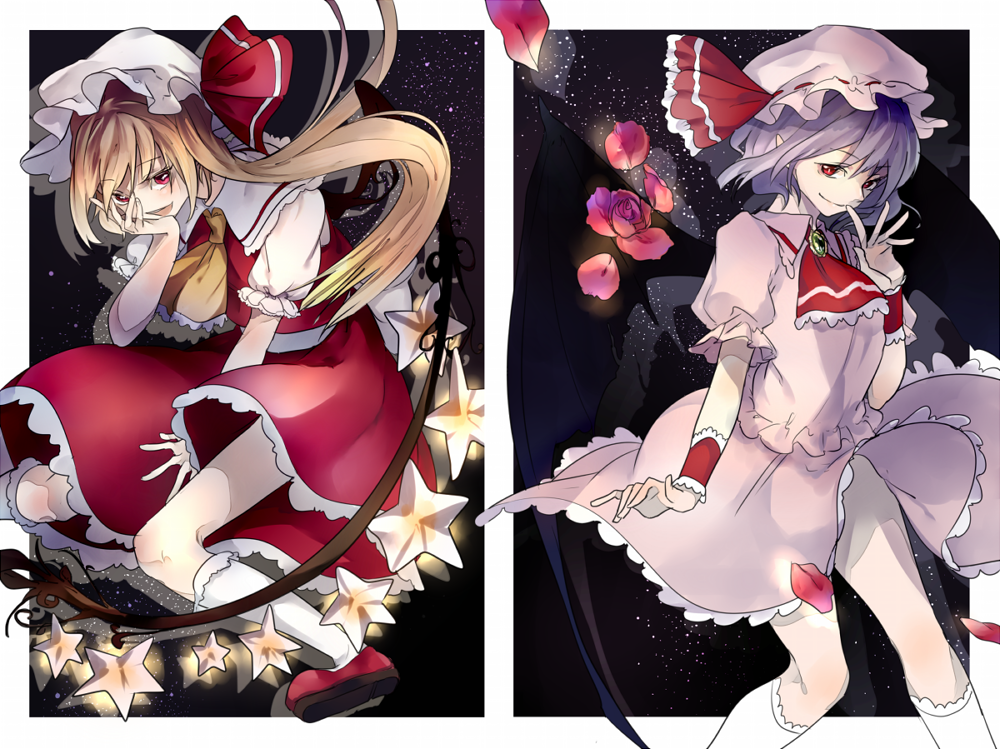 2girls ascot bat_wings blonde_hair family flandre_scarlet flower hat hat_ribbon jewelry kneehighs lavender_hair looking_at_viewer mob_cap multiple_girls open_mouth petals pointy_ears ponytail puffy_sleeves red_eyes remilia_scarlet ribbon rose rose_petals sash shirt short_hair short_sleeves siblings side_ponytail sisters skirt skirt_set smile sofy star star_(sky) touhou vest white_legwear wings wrist_cuffs