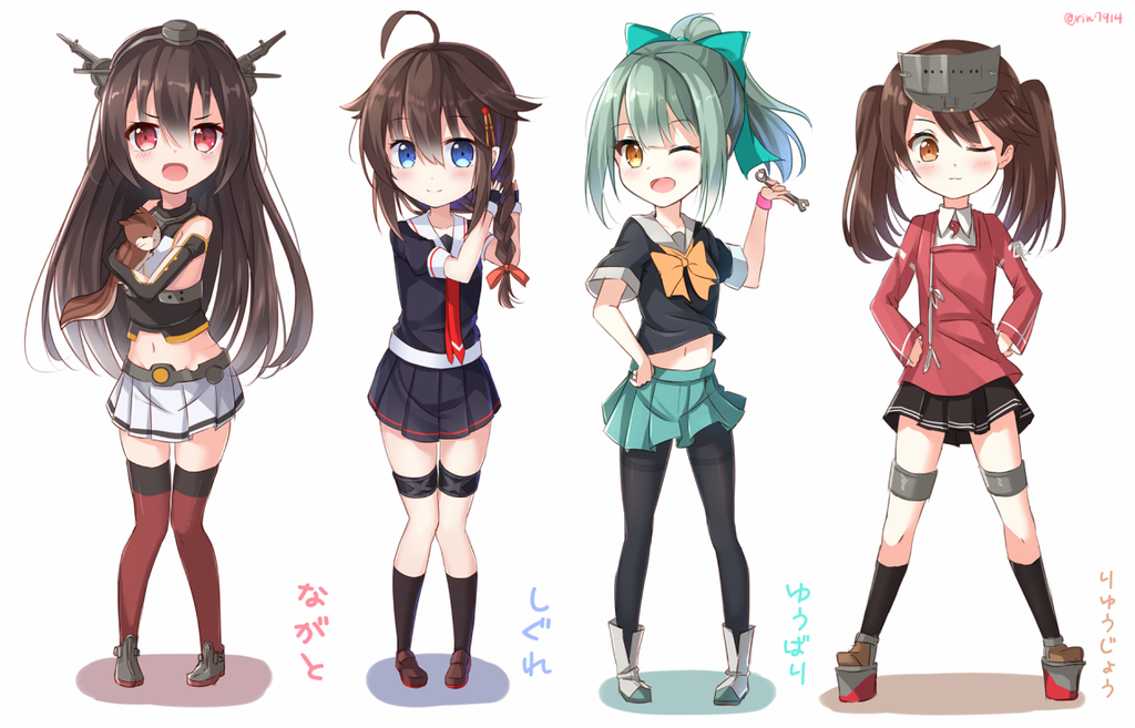 &gt;:o 4girls :o ;d ahoge bare_shoulders blue_eyes bowtie braid brown_hair character_name chibi commentary elbow_gloves fingerless_gloves gloves green_hair hair_flaps hair_ornament hair_ribbon headgear hug kantai_collection kneehighs long_hair looking_at_viewer magatama midriff multiple_girls nagato_(kantai_collection) navel necktie nikkunemu one_eye_closed open_mouth pantyhose pleated_skirt ponytail red_eyes remodel_(kantai_collection) ribbon ryuujou_(kantai_collection) school_uniform serafuku shigure_(kantai_collection) shoes single_braid skirt smile squirrel thigh-highs twintails twitter_username visor_cap yellow_eyes yuubari_(kantai_collection)