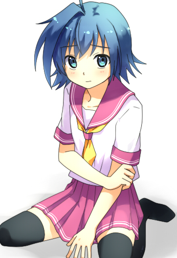 1boy ahoge black_legwear blue_eyes blue_hair blush cardfight!!_vanguard crossdressinging male_focus otoko_no_ko sanchoume school_uniform sendou_aichi serafuku short_hair skirt smile solo thigh-highs