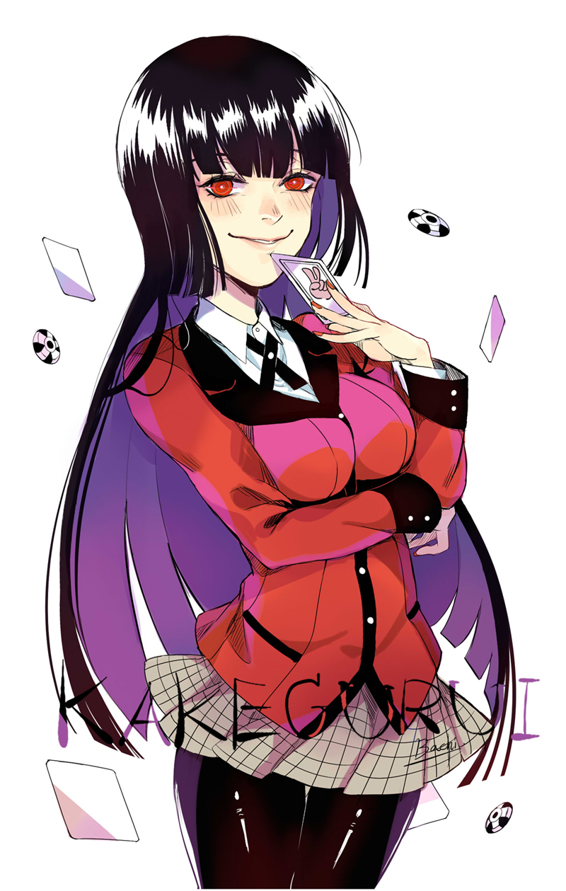 1girl bachi_chan black_hair black_legwear black_ribbon breast_rest breasts card copyright_name falling_card fingernails formal highres holding holding_card jabami_yumeko kakegurui lips long_hair looking_at_viewer miniskirt multicolored_hair nail_polish pantyhose poker_chips red_eyes red_nails red_suit ribbon school_uniform signature simple_background skirt smirk solo suit suit_jacket two-tone_hair v very_long_hair white_background