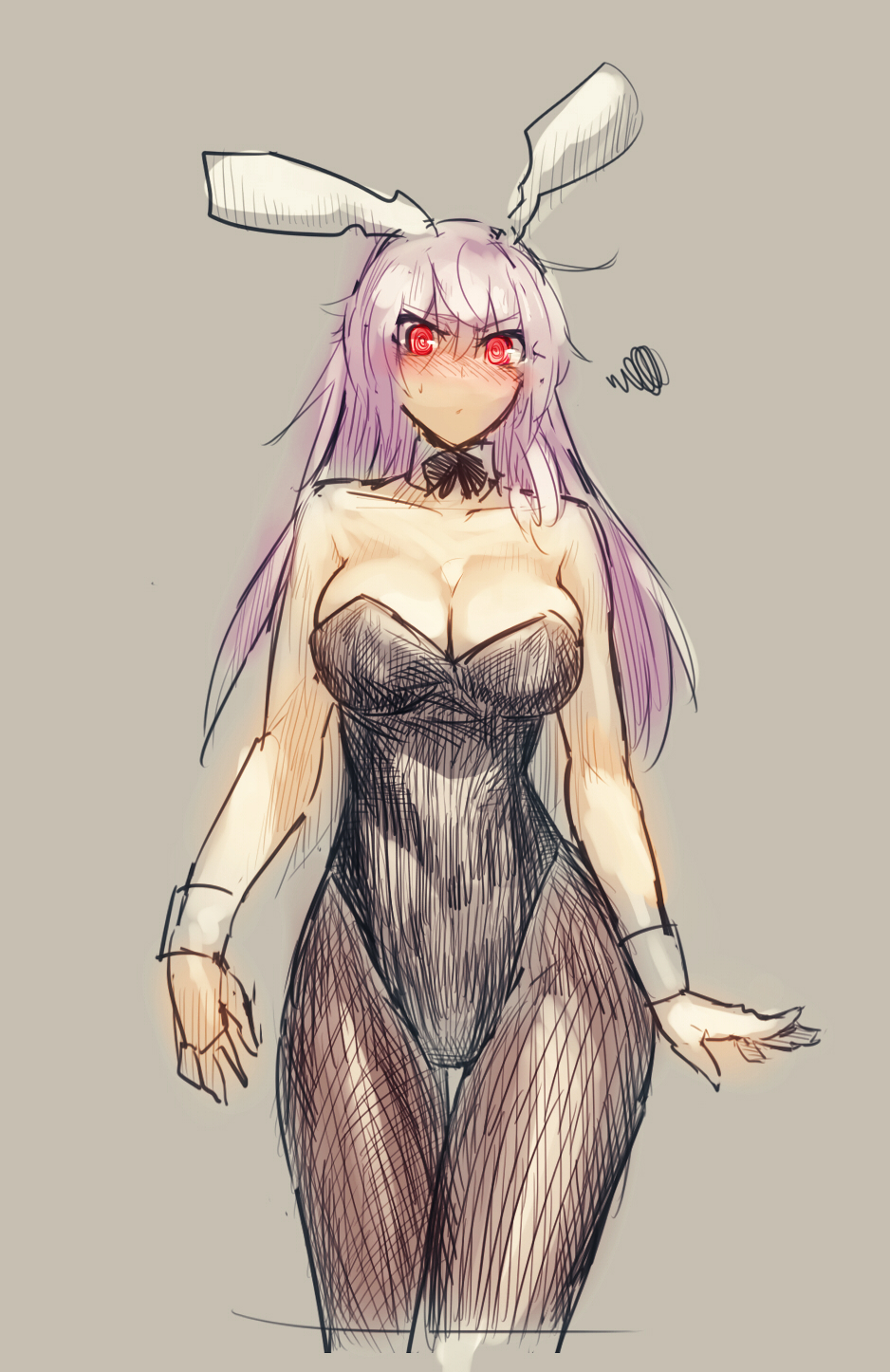 1girl animal_ears bare_arms bare_shoulders black_legwear breasts bunny_girl bunnysuit cleavage collarbone detached_collar highres large_breasts leotard long_hair looking_at_viewer pantyhose purple_hair rabbit_ears red_eyes reisen_udongein_inaba solo squiggle temmasa22 touhou very_long_hair wrist_cuffs