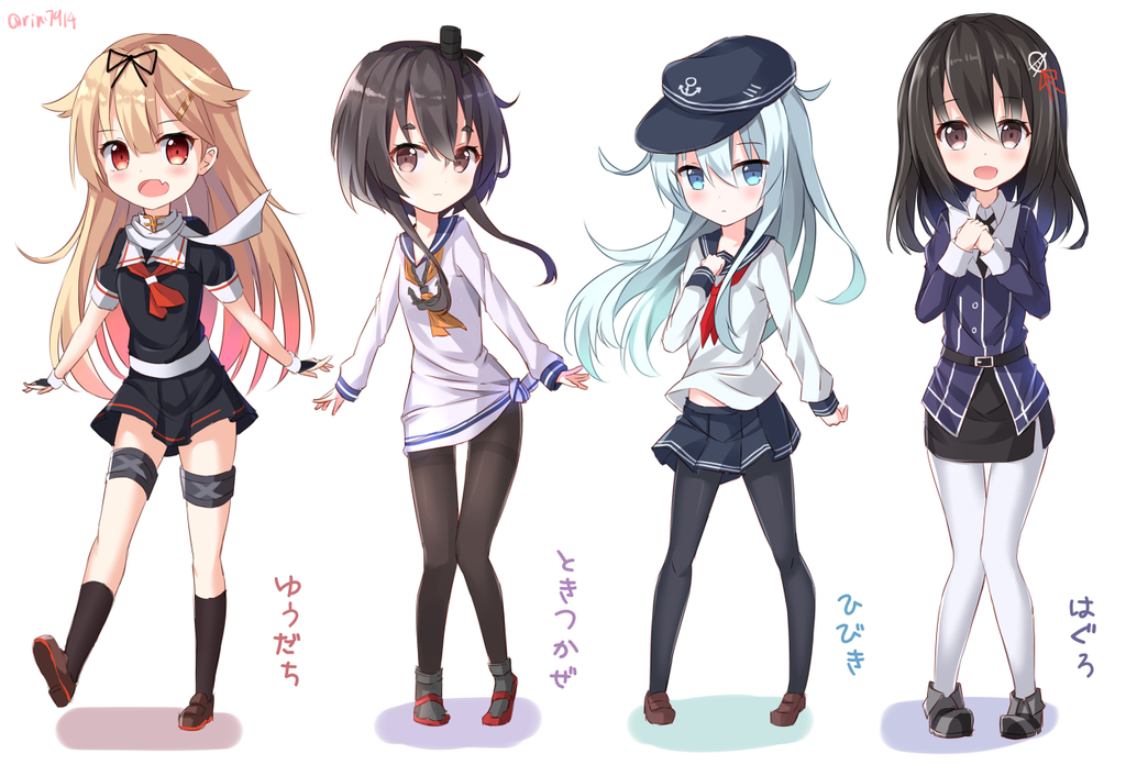 4girls :d black_hair blonde_hair blue_eyes blue_hair brown_eyes brown_hair character_name chibi commentary fang fingerless_gloves gloves gradient_hair haguro_(kantai_collection) hair_flaps hair_ornament hair_ribbon hairclip hibiki_(kantai_collection) kantai_collection kneehighs long_hair looking_at_viewer midriff multicolored_hair multiple_girls neckerchief nikkunemu open_mouth pantyhose pleated_skirt red_eyes remodel_(kantai_collection) ribbon sailor_dress school_uniform serafuku shoes skirt smile tokitsukaze_(kantai_collection) twitter_username uniform yuudachi_(kantai_collection)