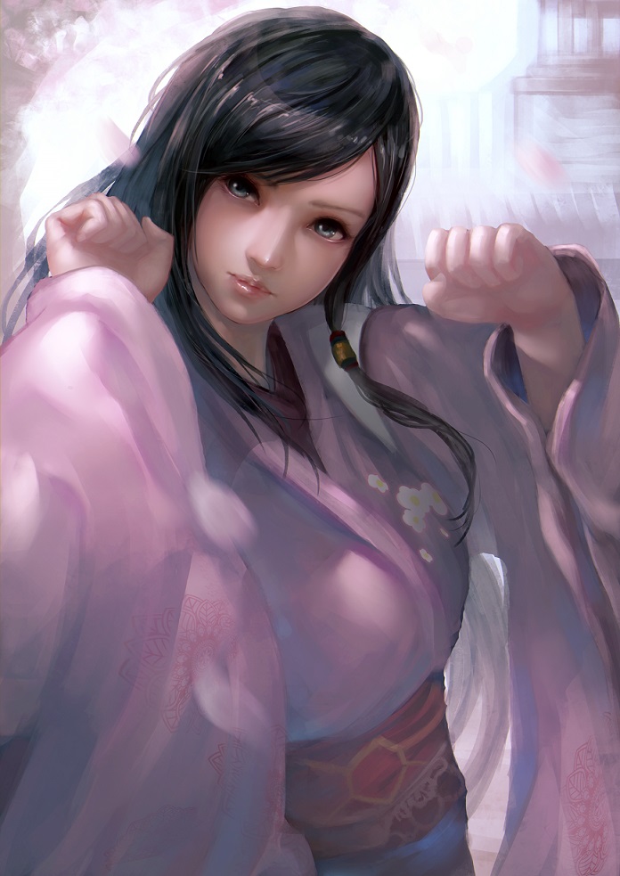 1girl black_hair breasts cherry_blossoms clenched_hand clenched_hands creep_(gundamdg) dead_or_alive grey_eyes hair_ornament japanese_clothes kimono kokoro_(doa) large_breasts lips long_hair looking_at_viewer looking_to_the_side nose obi outdoors petals realistic sash solo upper_body
