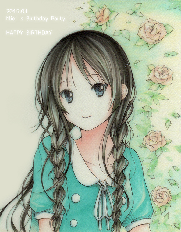 1girl akiyama_mio black_eyes black_hair braid dress happy_birthday k-on! kuroshima_nana long_hair singing! twin_braids twintails