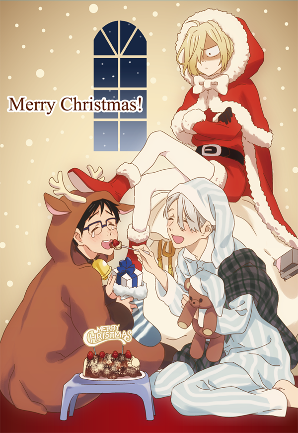 3boys ^_^ animal_costume bell black_gloves black_hair blonde_hair blue-framed_eyewear bow cake christmas christmas_stocking closed_eyes crossed_arms feeding food fork fruit gift glasses gloves hair_over_one_eye hat hood katsuki_yuuri legwear_under_shorts male_focus merry_christmas multiple_boys nightcap open_mouth pajamas reindeer_costume sack santa_costume shaded_face shorts silver_hair sitting smile strawberry stuffed_animal stuffed_toy tears teddy_bear viktor_nikiforov white_legwear yuri!!!_on_ice yuri_plisetsky zooya