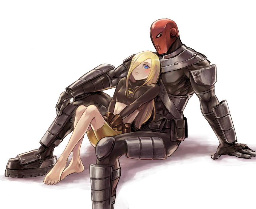 1boy 1girl age_difference armor bangs barefoot belt_pouch bike_shorts blonde_hair blue_eyes blush bodysuit brown_gloves crop_top dc_comics full_body gloves hair_over_one_eye looking_at_viewer midriff mozu_suka one-eyed parted_bangs sitting sitting_on_lap sitting_on_person slade_(teen_titans) small_breasts teen_titans terra_(dc) toes v_arms