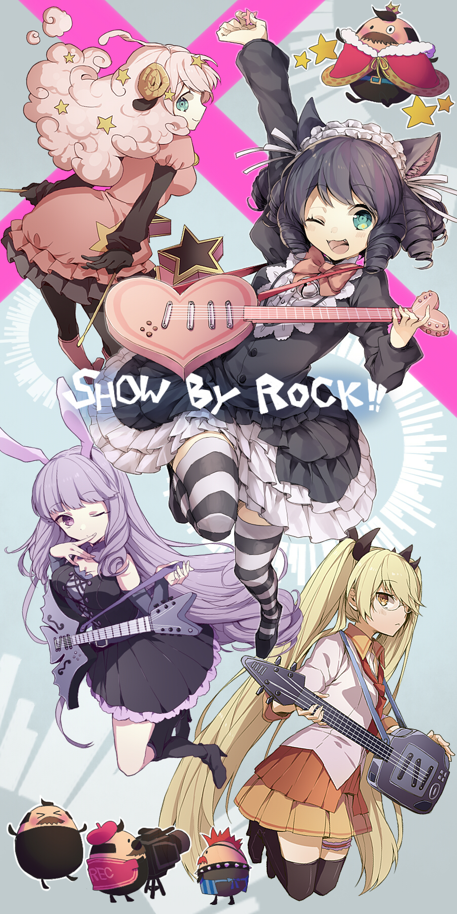 &gt;_&lt; 4boys 4girls :&lt; ;d animal_ears beret black_gloves black_legwear blonde_hair blue_eyes breasts camera cat_ears chuchu_(show_by_rock!!) cleavage crown cyan_(show_by_rock!!) dress drill_hair drumsticks electric_guitar facial_hair fangs glasses gloves guitar hair_ornament hair_ribbon hat highres instrument long_hair looking_at_viewer miniskirt moa_(show_by_rock!!) mohawk monocle multiple_boys multiple_girls mustache nail_polish one_eye_closed open_mouth pink_hair purple_hair purple_nails retoree ribbon robe show_by_rock!! skirt smile striped striped_legwear thigh-highs very_long_hair violet_eyes wonoco0916 yellow_eyes