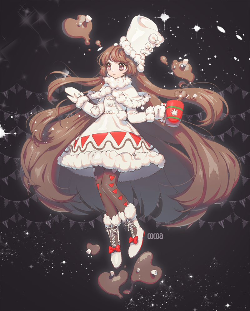 1girl boots brown_eyes brown_hair capelet character_name cocoa cocoa_cookie cookie_run cup dress full_body gloves hat heart long_hair long_sleeves mug pantyhose rwael snowflake_print solo very_long_hair white_dress white_gloves