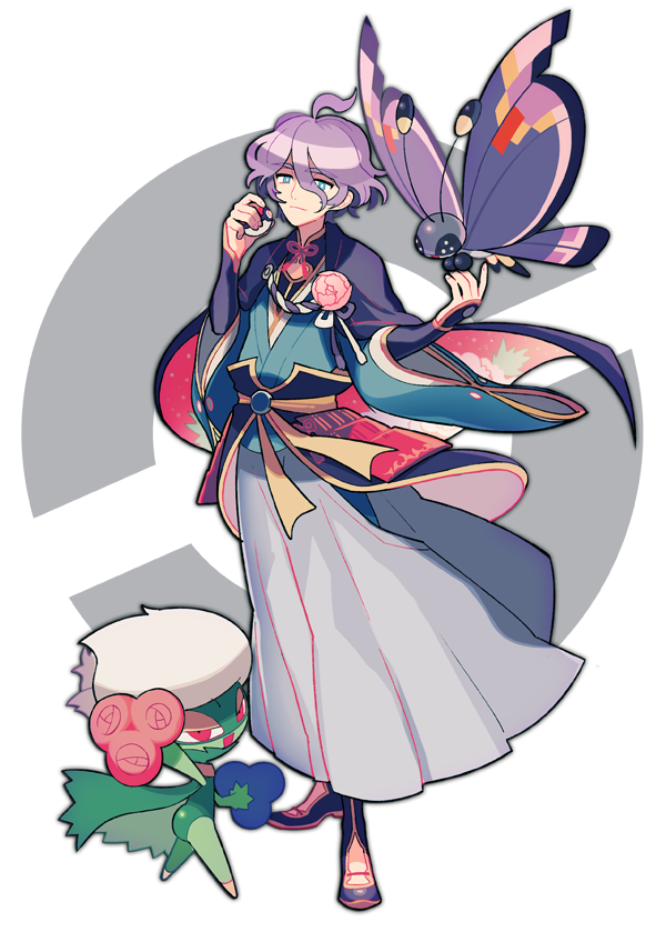 1boy beautifly blue_eyes flower hakama japanese_clothes kasen_kanesada poke_ball pokemon pokemon_(creature) ppo-p purple_hair roserade smile touken_ranbu