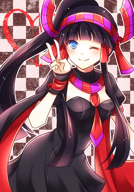 1girl ;) black_dress black_hair blue_eyes blush checkered checkered_background chisa dress egyptian hairband heart high_ponytail jewelry long_hair necklace nephthys_(p&amp;d) one_eye_closed outline ponytail puffy_short_sleeves puffy_sleeves puzzle_&amp;_dragons short_sleeves smile solo v