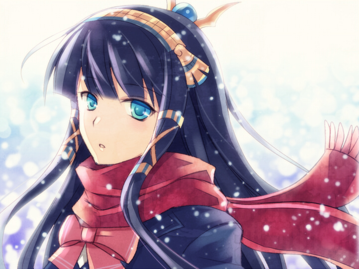 1girl :o black_hair blue_eyes bow chisa egyptian hair_tubes hairband isis_(p&amp;d) long_hair open_mouth pink_bow puzzle_&amp;_dragons red_scarf scarf school_uniform snow solo upper_body