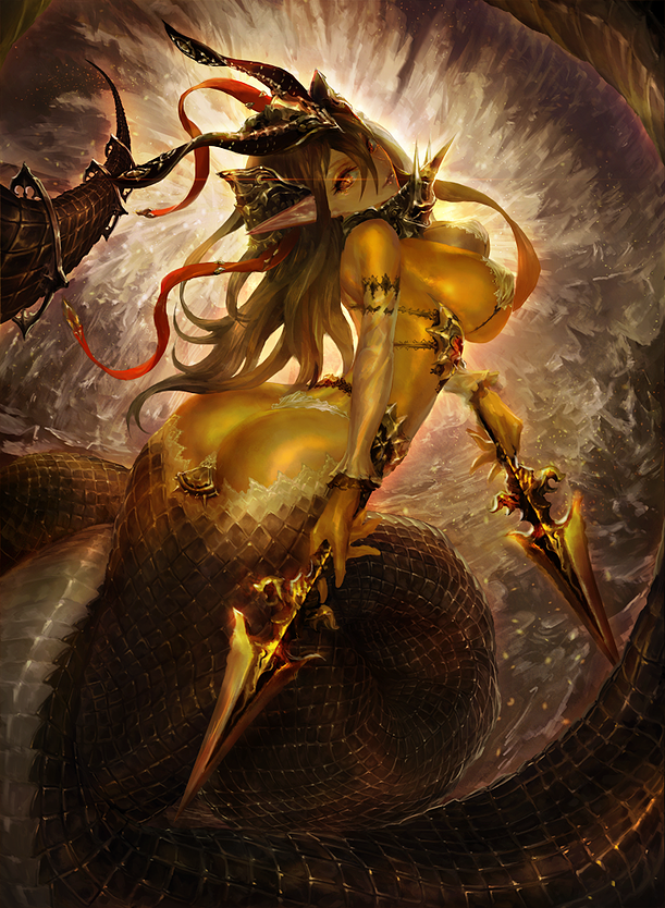 1girl armlet ass blonde_hair breasts character_request cristian_penas detached_sleeves dual_wielding glowing glowing_eye holding_sword holding_weapon horns jewelry lamia large_breasts long_hair looking_back monster_girl orange_eyes pointy_ears scales solo sword weapon yellow yellow_skin