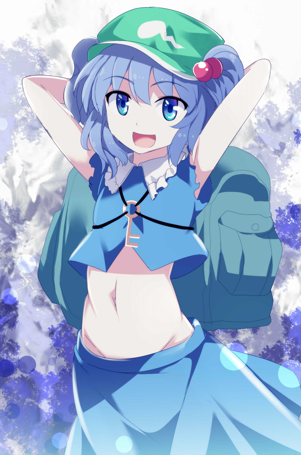 1girl :d armpits arms_up backpack bag blue_eyes blue_hair blush cabbie_hat e.o. flat_chest hair_bobbles hair_ornament hat highres kawashiro_nitori key looking_at_viewer midriff navel open_mouth shirt short_hair skirt sleeveless sleeveless_shirt smile solo torn_clothes torn_sleeves touhou two_side_up