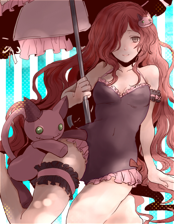 1girl arm_garter blush brown_eyes brown_hair cat_hair_ornament frilled_swimsuit frills gothic_lolita granblue_fantasy hair_ornament hair_over_one_eye leg_garter lolita_fashion long_hair looking_at_viewer miwayama one-piece_swimsuit smile stuffed_toy swimsuit umbrella very_long_hair