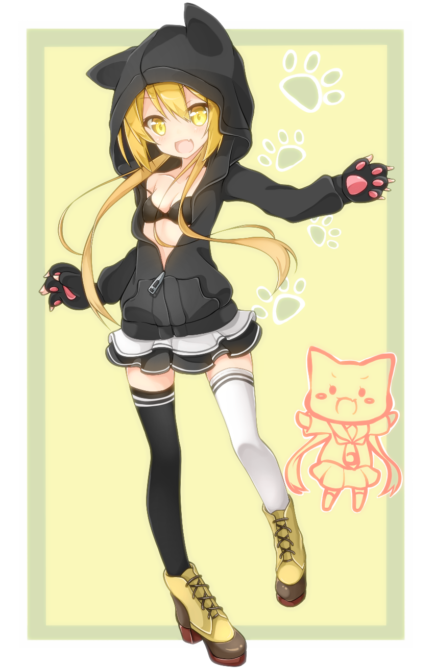 1girl :d alternate_costume animal_hood bikini black_bikini black_jacket black_legwear blonde_hair boots brown_boots cat cat_hood gloves highres hood hooded_jacket jacket kantai_collection low_twintails mismatched_legwear multicolored_skirt open_mouth paw_gloves paw_print rateratte satsuki_(kantai_collection) smile solo swimsuit thigh-highs twintails white_legwear yellow_eyes