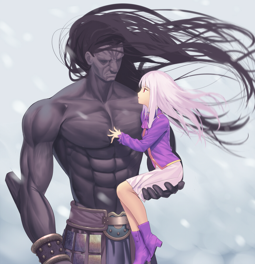 1boy 1girl berserker black_hair carrying fate/stay_night fate_(series) illyasviel_von_einzbern long_hair looking_at_another muscle red_eyes size_difference tsukikanade white_hair