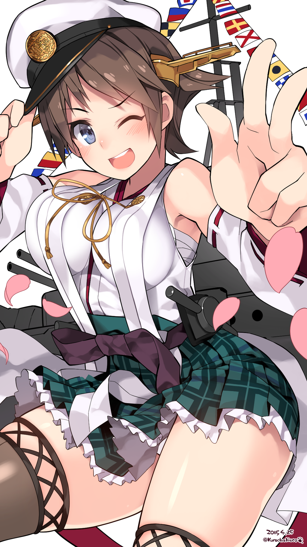 1girl artist_name blue_eyes boots brown_hair dated detached_sleeves flipped_hair hairband hat headgear hiei_(kantai_collection) highres kantai_collection kuro_chairo_no_neko looking_at_viewer machinery nontraditional_miko one_eye_closed open_mouth peaked_cap pleated_skirt short_hair skirt solo thigh-highs thigh_boots winking