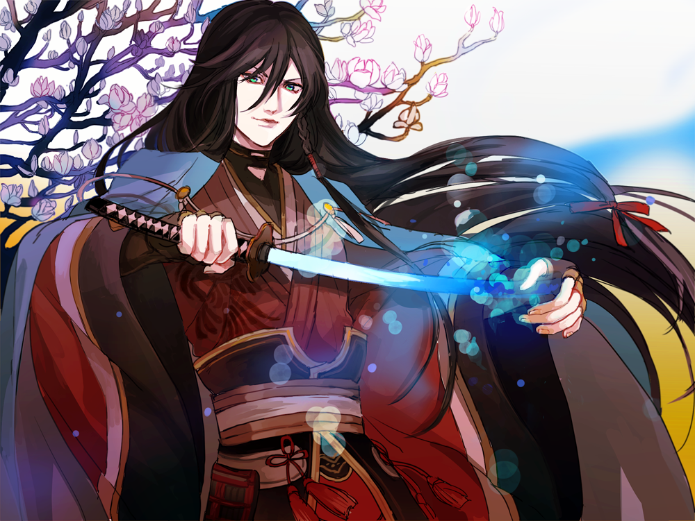 1boy androgynous black_hair cherry_blossoms green_eyes izumi-no-kami_kanesada japanese_clothes katana lips long_hair rimasogebu solo sword touken_ranbu weapon