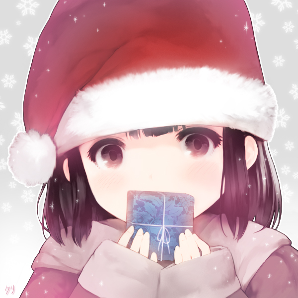 1girl artist_name black_eyes black_hair blush christmas covered_mouth cristian_penas face gift hat holding long_sleeves looking_at_viewer original outline santa_costume santa_hat short_hair sleeves_past_wrists snowflakes solo upper_body