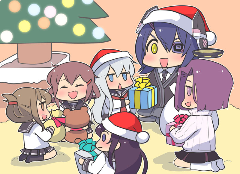 6+girls :d ^_^ akatsuki_(kantai_collection) anchor_symbol black_hair black_legwear black_skirt blue_eyes blush box brown_eyes brown_hair chibi christmas christmas_tree closed_eyes eyepatch fang folded_ponytail gift gift_box hair_ornament hairclip hat hibiki_(kantai_collection) ikazuchi_(kantai_collection) inazuma_(kantai_collection) kantai_collection long_hair machinicalis multiple_girls neckerchief open_mouth pleated_skirt ponytail purple_hair santa_hat school_uniform serafuku short_hair silver_hair sitting skirt smile stuffed_animal stuffed_toy tatsuta_(kantai_collection) teddy_bear tenryuu_(kantai_collection) violet_eyes white_legwear