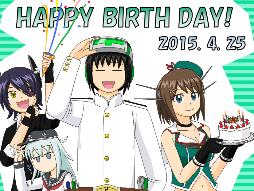1boy 3girls =_= admiral_(kantai_collection) bare_shoulders beret black_gloves black_hair blue_eyes brown_hair cake candle dress_shirt eyepatch fingerless_gloves flat_gaze food fruit gloves happy_birthday hat headset kantai_collection looking_at_viewer multiple_girls neckerchief open_mouth party_popper redol school_uniform serafuku shirt side_ponytail smile strawberry translation_request yellow_eyes