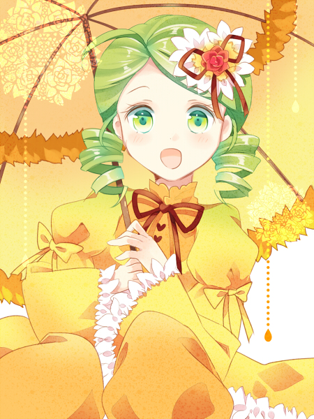 1girl :d ahoge bow brown_bow drill_hair flower green_eyes green_hair hair_flower hair_ornament kanaria kokuro open_mouth parasol red_rose rose rozen_maiden short_hair smile solo twin_drills umbrella yellow_bow