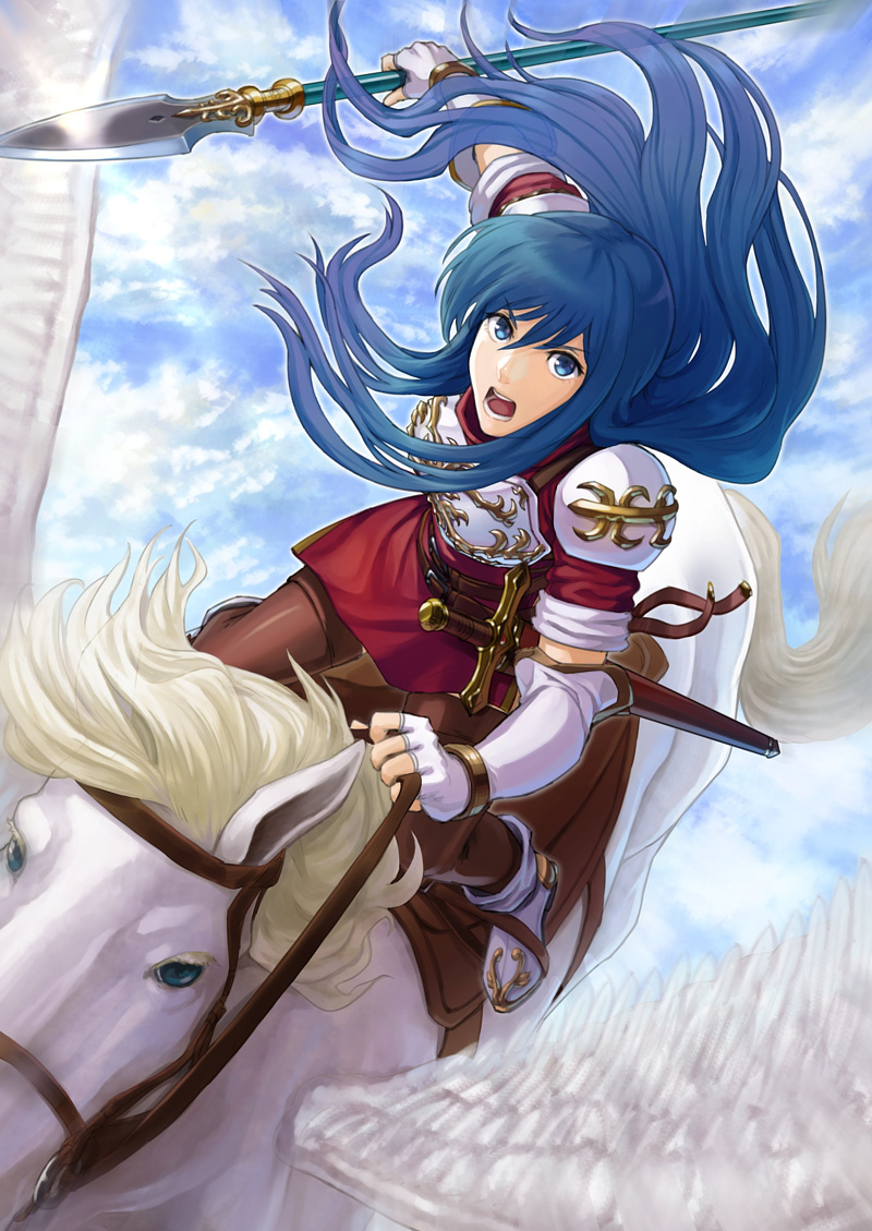 &gt;:o 1girl :o armor belt blue_eyes blue_hair breastplate clouds cloudy_sky dress elbow_gloves fingerless_gloves fire_emblem fire_emblem:_mystery_of_the_emblem gloves goma_(goma-folio) long_hair open_mouth pegasus pegasus_knight polearm red_dress riding sheeda sky solo spear sword weapon white_gloves