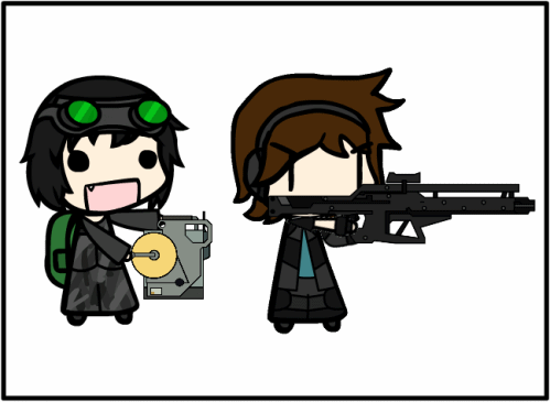 2boys :d animated animated_gif artist_self-insert backpack camouflage chibi firing grayfox5000 headphones huge_weapon kino_kage messy_hair metal_gear_solid metal_gear_solid_4 metal_gear_solid_peace_walker night_vision_goggles railgun simple_background tagme unknownfalling unknownfalling_(character) walfas weapon