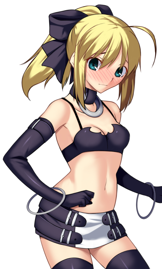 1girl ahoge blonde_hair blush choker cosplay disgaea elbow_gloves etna etna_(cosplay) fate/stay_night fate_(series) gloves green_eyes midriff navel saber skirt skylader solo thigh-highs