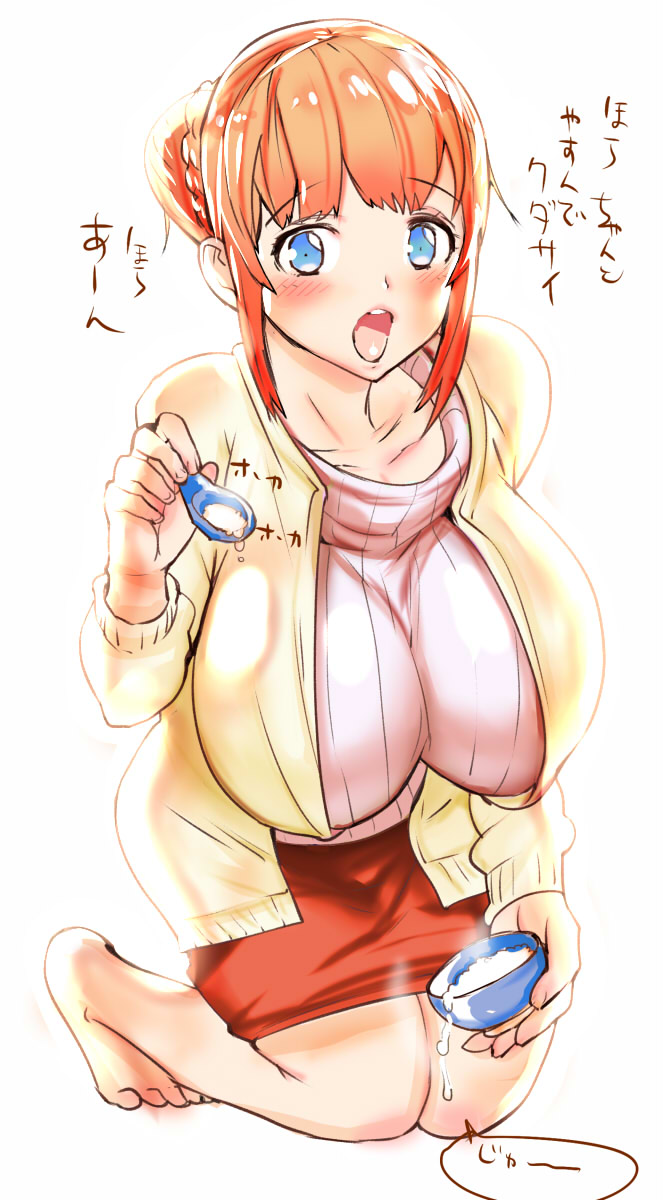 1girl :o blue_eyes blush breasts highres huge_breasts igarasy kneeling long_hair open_mouth redhead simple_background solo sweater translation_request white_background
