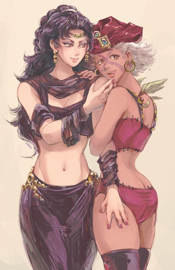 black_hair brown_eyes chocoblood earrings esidisi feathers genderswap hand_on_another's_face hand_on_another's_hip headband headdress horns jewelry jojo_no_kimyou_na_bouken kars_(jojo) long_hair midriff nose_ring red_eyes scarf stitches tongue tongue_out white_hair
