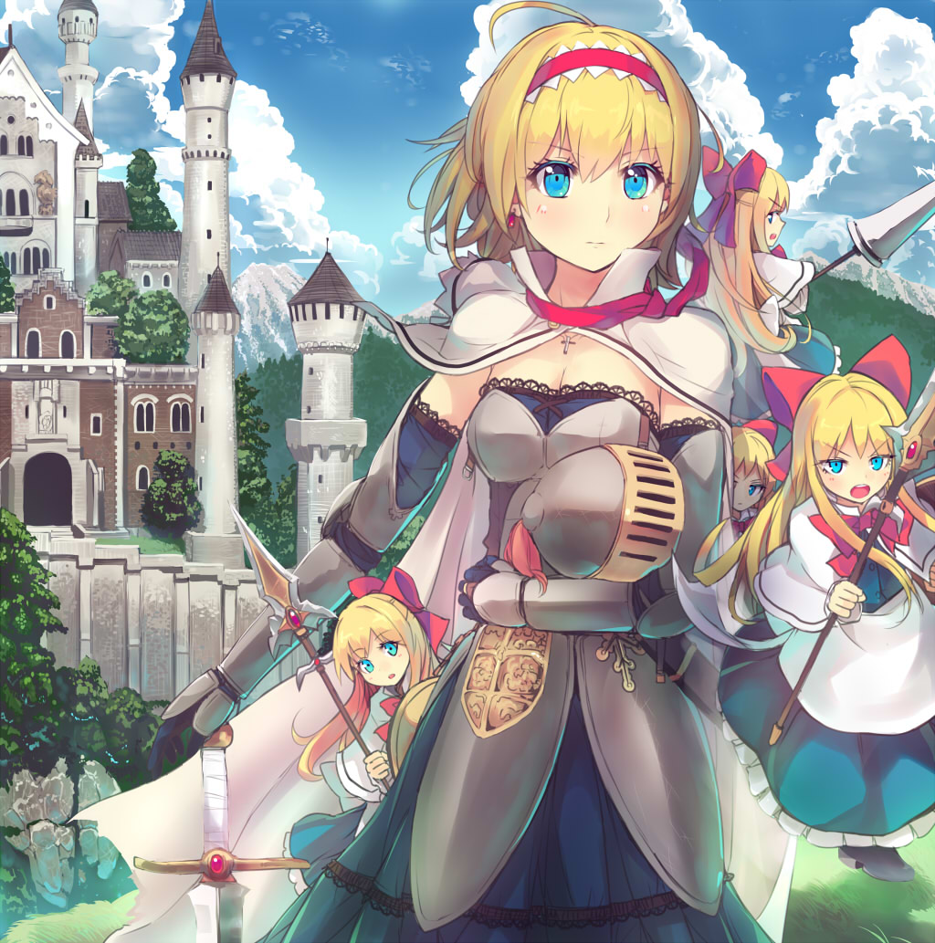1girl alice_margatroid armor armored_dress blonde_hair blue_dress blue_eyes blue_sky bow breasts capelet castle cleavage clouds culter detached_sleeves dress hair_bow headwear_removed helmet helmet_removed jewelry knight lance metal_gloves necklace neuschwanstein_castle open_mouth polearm shanghai_doll sky spear sword touhou weapon wings