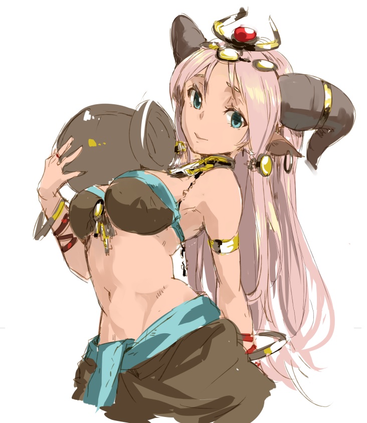 1girl :&gt; animal_ears arm_behind_back armlet bangle blue_eyes bracelet channemo cow_ears cow_horns dark_skin earrings egyptian hair_ornament hathor_(p&amp;d) headpiece holding horns jar jewelry long_hair navel pink_hair puzzle_&amp;_dragons ring simple_background smile solo white_background