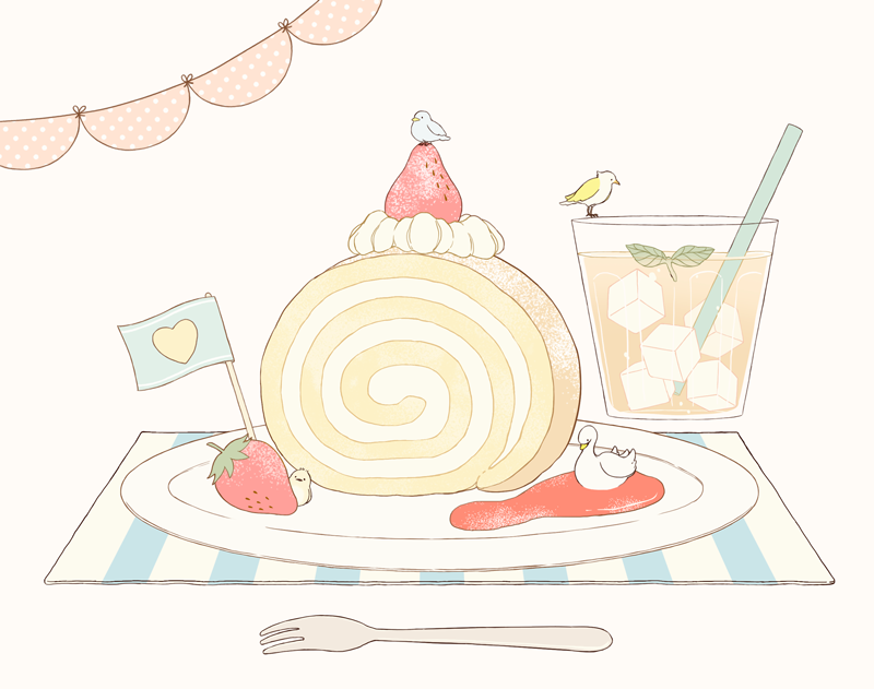 bird drinking_glass drinking_straw food fork fruit no_humans original plate r. simple_background strawberry swan swiss_roll whipped_cream white_background
