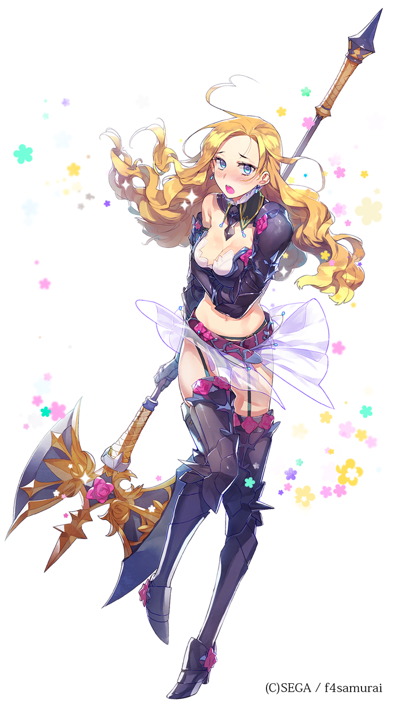 1girl bangs beltskirt blonde_hair blue_eyes blush boots breast_hold breasts cleavage earrings garter_belt garter_straps gauntlets greaves high_heel_boots high_heels highres jewelry long_hair mansu midriff navel open_mouth parted_bangs pauldrons polearm poleaxe see-through simple_background skirt solo sparkle thigh-highs thigh_boots watermark weapon white_background
