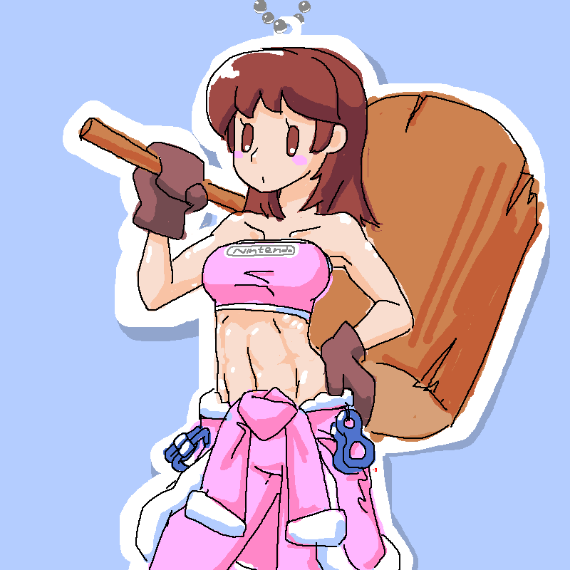 1girl alternate_breast_size artist_name blue_background blush_stickers breasts brown_eyes brown_hair chain clothes_around_waist commentary eyelashes gloves hand_on_hip ice_climber mallet minus8 mittens nana_(ice_climber) simple_background solo